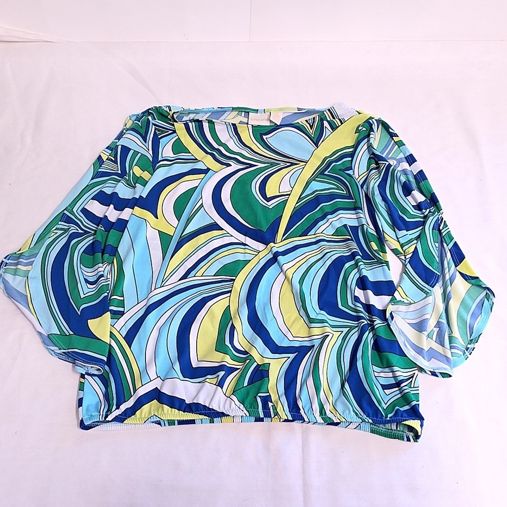 Chico's Blouse Women 0 US S Blue Green Abstract Swirl Split Sleeve Boat Neck Top